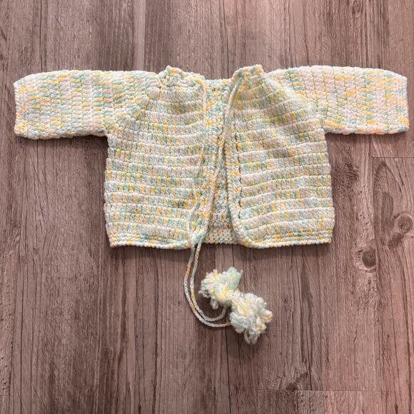 Vtg Crochet Newborn Baby Set Sweater Hat Bonnet Booties Hand Knit Pastel Doll - Picture 2 of 7